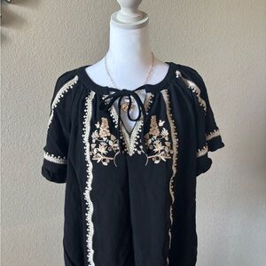 Umgee Black Peasant Top with Cream Embroidery